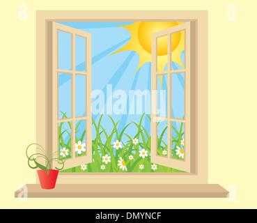 Opened plastic window in room with view to green field. vector. with room for text Stock Vector
