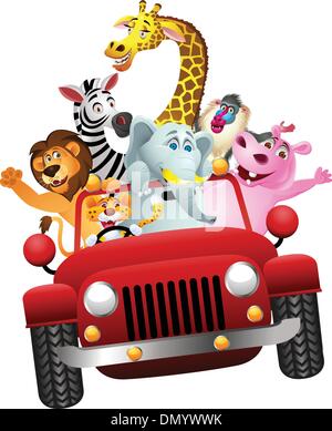 African animals in red car Stock Vector