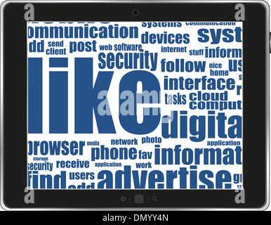 Business and social words on tablet pc screen Stock Vector