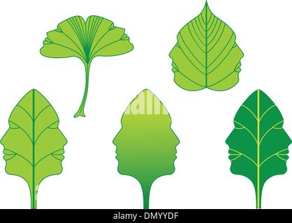 green leaves with faces, vector set Stock Vector