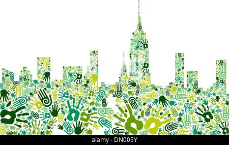 Go green hands city skyline background Stock Vector