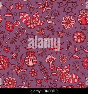 Seamless texture with flowers and owls. Endless floral pattern. Stock Vector