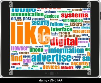social network and connected words on touch-screen tablet-pc Stock Vector