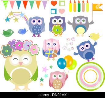 Set of vector birthday party elements with cute owls Stock Vector
