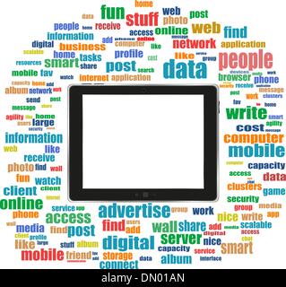 tablet pc in social media words, computer networks Stock Vector
