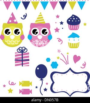 Cute owl party elements isolated on white Stock Vector