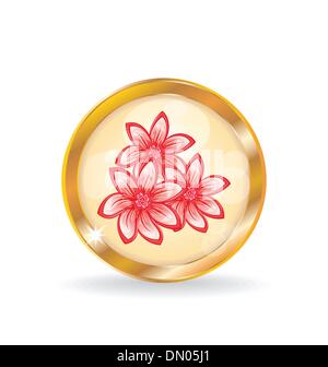 Golden circle label (button) with flowers Stock Vector