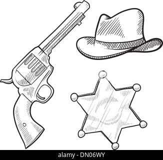 Wild west sheriff objects sketch Stock Vector