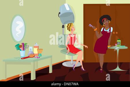 Beauty salon client sitting under hair dryer stand Stock Vector