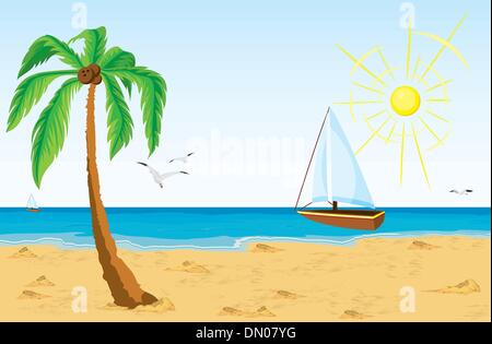 Palm tree on sand beach and bat sailing in the ocean Stock Vector