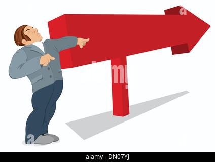 Man is pointing in the direction of a red arrow Stock Vector
