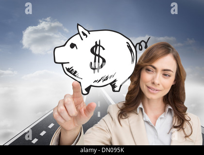 Composite image of businesswoman touching invisible screen Stock Photo
