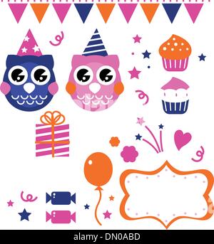 Owl birthday party design elements Stock Vector