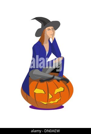 Witch sitting on a pumpkin on a white background Stock Vector