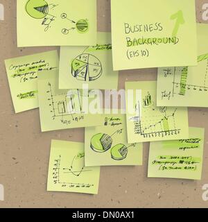 Yellow sticky notes with business infographics on cork board, cl Stock Vector