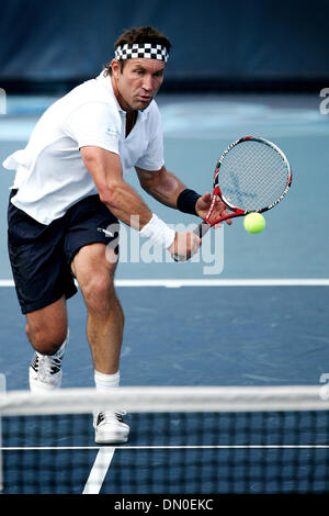 Feb. 20, 2010 - Delray, FL - Florida, USA - United States - fl-delray-champions-tennis-0220g   Pat Cash rushes to the net for a backhand drop shot against Patrick Rafter during a ATP Champions Tour match at the Delray Beach Tennis Center..  Photo/Michael Francis McElroy, for the South Floirda Sun-Sentinel (Credit Image: © Sun-Sentinel/ZUMApress.com) Stock Photo