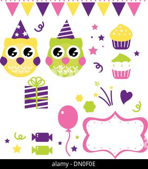 Owl birthday party design elements isolated on white Stock Vector