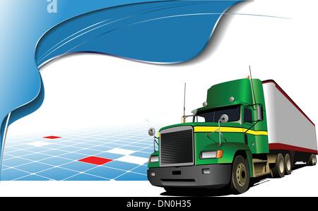 Abstract blue wave background with green lorry on the road. Vect Stock Vector