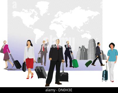 Business man with suitcase on world map background. Vector illus Stock Vector