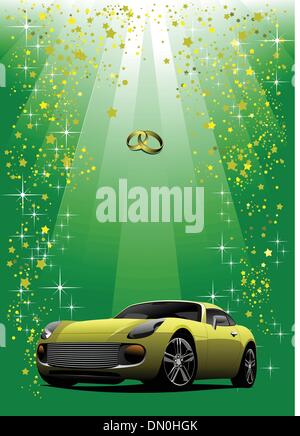 Wedding yellow car on green background. Vector illustration Stock Vector