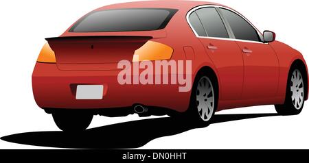 Red colored car sedan on the road. Vector illustration Stock Vector