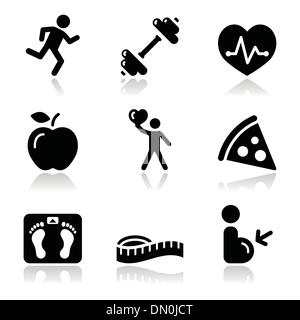 Health and fitness black clean icons set Stock Vector