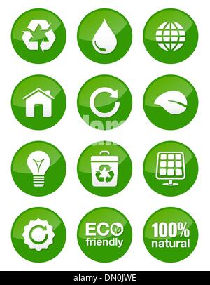 Green eco round glossy buttons set Stock Vector