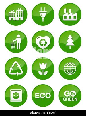 Green eco round glossy buttons set Stock Vector