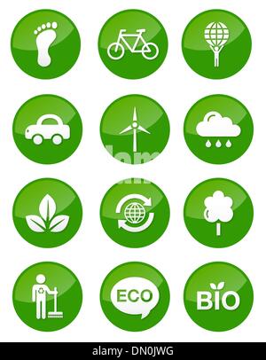 Green eco round glossy buttons set Stock Vector
