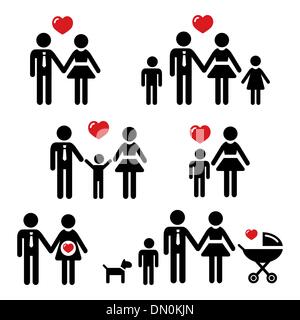 Family icons set - with baby, dog, pram, couple, single parent Stock Vector