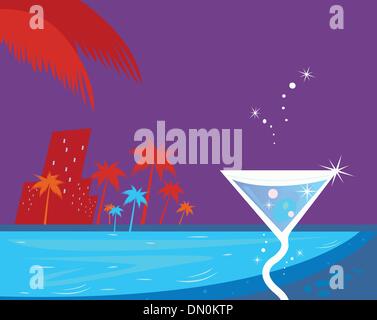 Ice cocktail, night water pool and palm trees Stock Vector