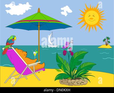 Teddy bear on a tropical beach Stock Vector