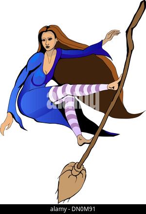 witch flying on a broomstick like surfing Stock Vector