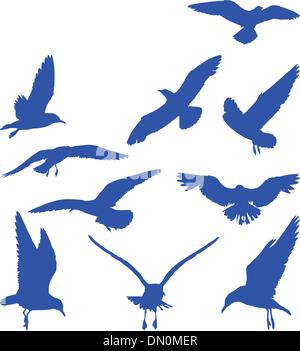 Birds, seagulls in blue silhouettes Stock Vector