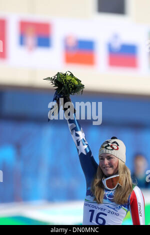 Feb. 17, 2010 - Whistler, British Columbia, Canada - LINDSEY VONN (USA) steps onto the gold medal podium after competing in Ladies' Downhill at the Vancouver Olympics 2010 in Whistler, British Columbia, Canada on Wednesday, February 17, 2010. (Credit Image: © Mike Kane/ZUMApress.com) Stock Photo