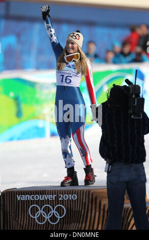 Feb. 17, 2010 - Whistler, British Columbia, Canada - LINDSEY VONN (USA) steps onto the gold medal podium after competing in Ladies' Downhill at the Vancouver Olympics 2010 in Whistler, British Columbia, Canada on Wednesday, February 17, 2010. (Credit Image: © Mike Kane/ZUMApress.com) Stock Photo