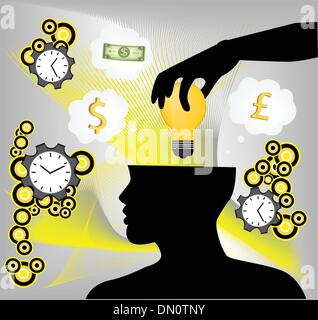 human hand putting idea bulb in human brain Stock Vector
