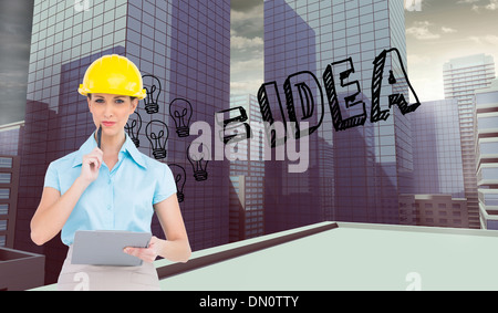 Composite image of thoughtful attractive architect holding clipboard Stock Photo