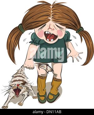 Crying girl tortures a cat Stock Vector