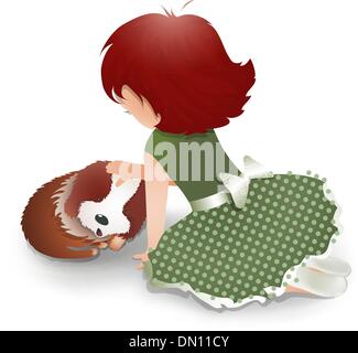 Little Girl Playing with a Cute Little Dog Stock Vector