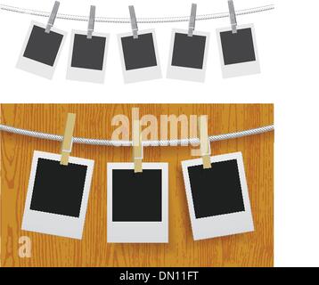 Photo frames with pins on rope Stock Vector