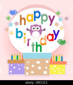 birthday party elements with cute owls and birds Stock Vector