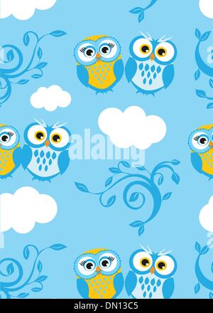 Owls couple on the sky. Seamless pattern Stock Vector