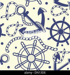 Marine seamless background with anchor, ropes, wheel, marine knots. Stock Vector