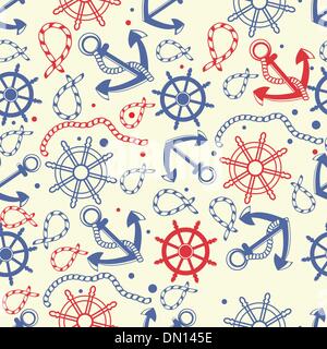 Marine seamless background with anchor, ropes, wheel, marine knots. Stock Vector