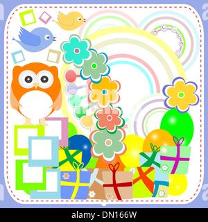 birthday party card with cute birds and owl on gift boxes Stock Vector
