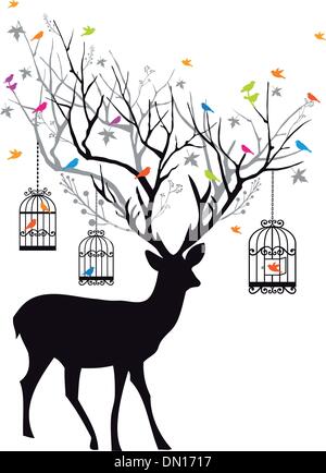 Deer with birds and birdcages, vector Stock Vector