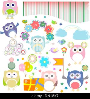 Birthday party elements with funny owls. Vector set Stock Vector