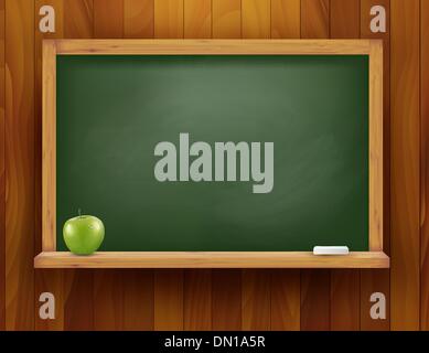 Blackboard with green apple on wooden background. Vector illustration. Stock Vector