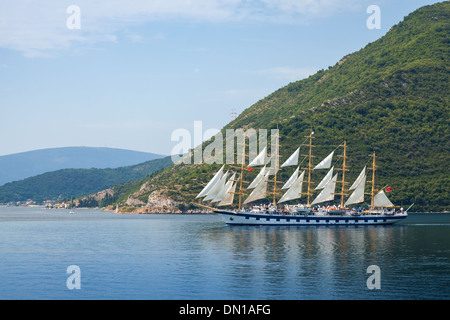 Big sailing ship goes on Bay of Kotor Stock Photo